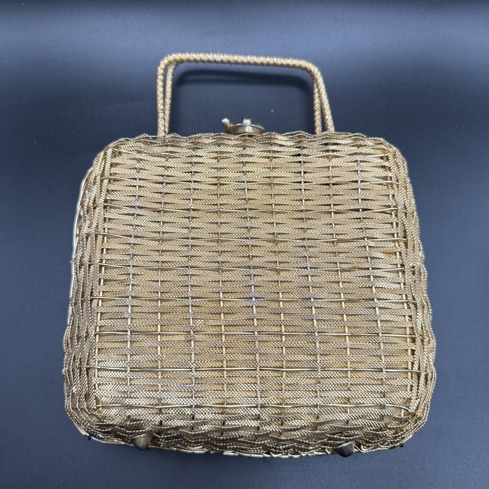 Vintage 60s Handbag Purse Bag Evening Koret Gold Woven Metal Basket Weave